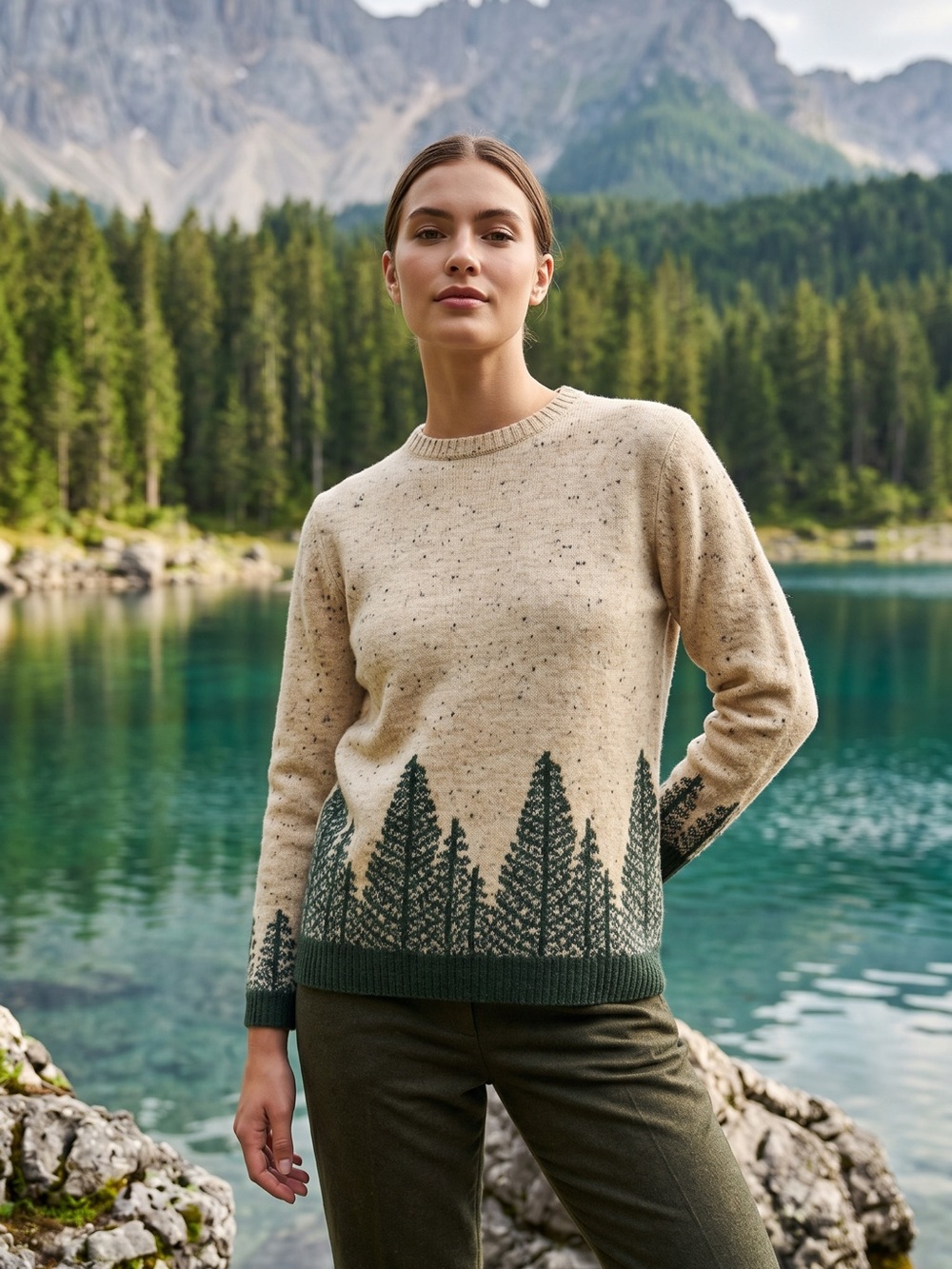Appleseed's Cream Crewneck Sweater with Green Pine Forest.